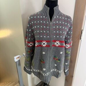 Vtg‎ Holiday Lodge Grey Full Zip Holiday Christmas Sweater Holly Berry Snowflake